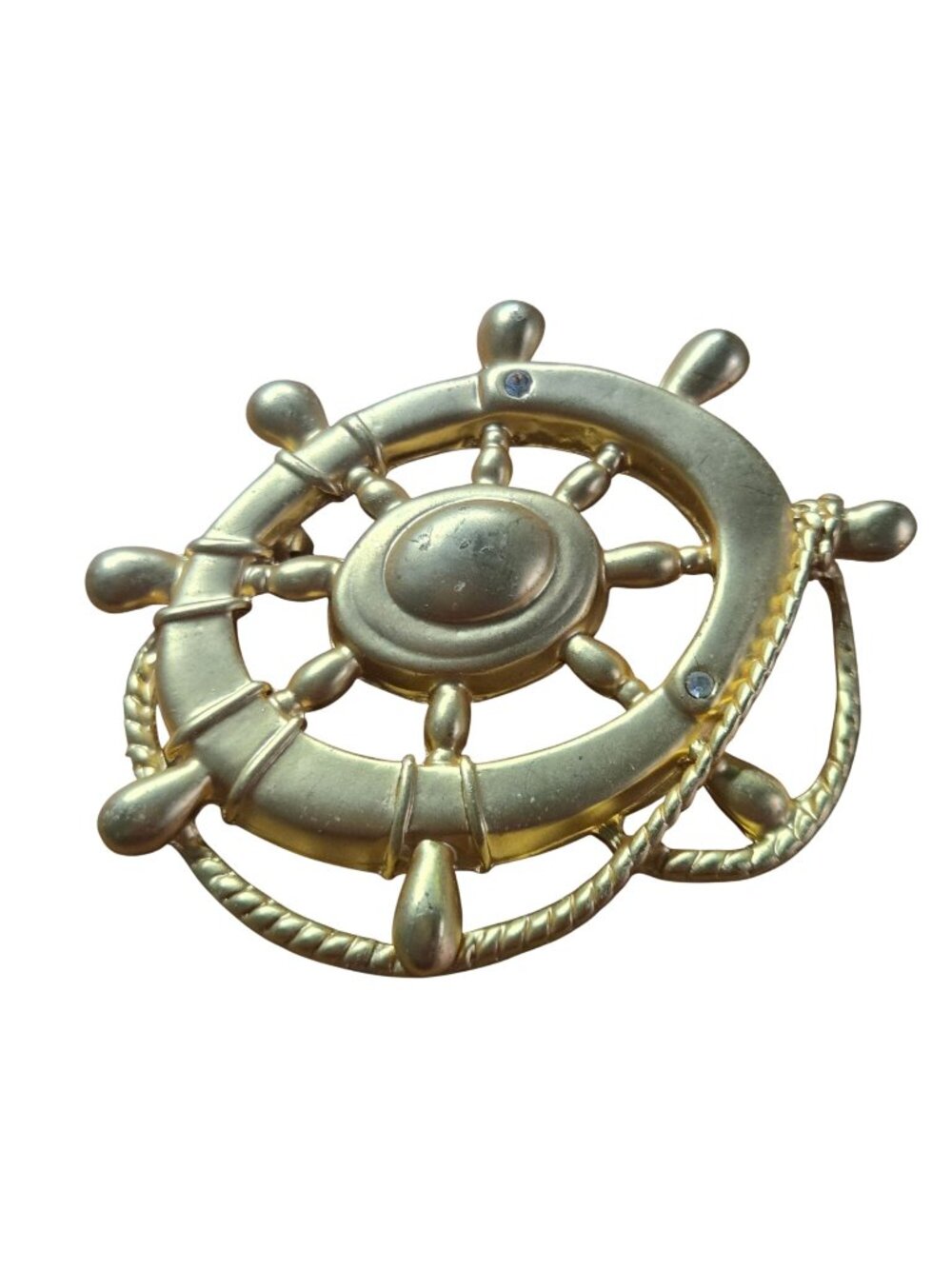 Vintage Nautical Ships Wheel Goldtone Tiny Rhinestone Brooch 2.75"x1.5"